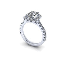 Contemporary Engagement Ring Emerald Cut Forever One Moissanite and Diamonds