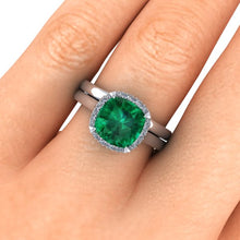 Cushion Cut Chatham Emerald Engagement Ring 14k White Gold Accent Diamonds