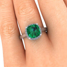 Cushion Cut Chatham Emerald Engagement Ring 14k White Gold Accent Diamonds