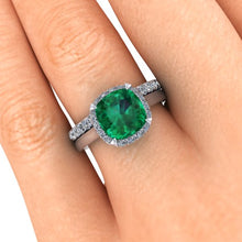 Cushion Cut Chatham Emerald Engagement Ring 14k White Gold Accent Diamonds