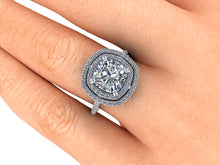 Double Halo Cushion Cut Forever One Moissanite Engagement Ring