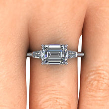 Emerald Cut Moissanite Engagement Ring Sideway Set in Recycled Platinum