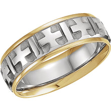 Men's Cross Wedding Band Two Tone White and Yellow Gold