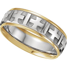 Men's Cross Wedding Band Two Tone White and Yellow Gold