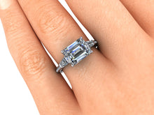 Emerald Cut Moissanite Engagement Ring Sideway Set in Recycled Platinum
